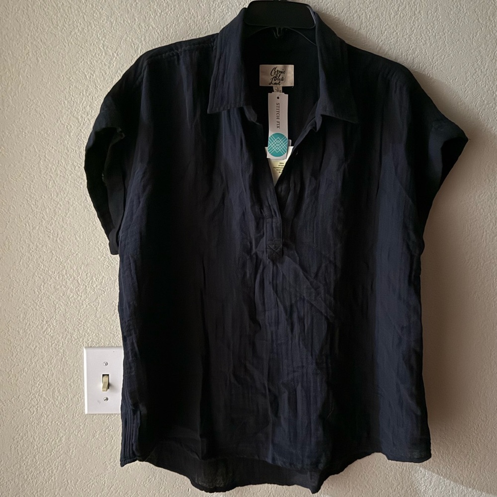 COSMIC BLUE LOVE ALAIA V-NECK HIGH LOW BLOUSE BLACK - L